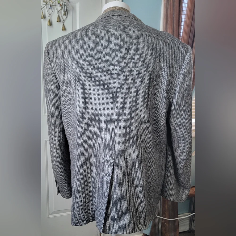Vintage 80's Blazer Men's 46L Black & White Harringbone 2 Button 100% Pure Wool